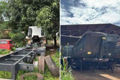 Policiais apreenderam um caminh&atilde;o, semi-reboques e um equipamento de engate, todos com sinais de adultera&ccedil;&atilde;o  -  (crédito: PCMG/Divulga&ccedil;&atilde;o)