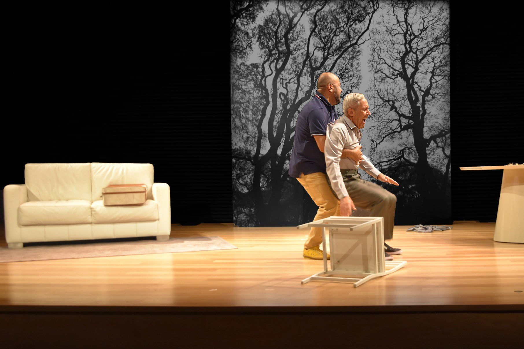  Ator Maur&iacute;cio Cangu&ccedil;u carrega o ator &Iacute;lvio Amaral em cena da pe&ccedil;a Maio - Antes que voc&ecirc; me esque&ccedil;a, sobre o Alzheimer. O cen&aacute;rio &eacute; de uma sala, com sof&aacute; amarelo ao fundo