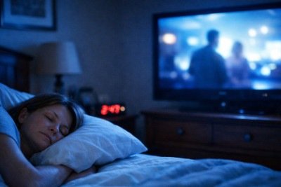 Dormir com a TV ligada, mesmo sem som, é um hábito comum e muitas vezes associado à sensação de conforto. Mas a ciência mostra que a prática pode interferir na qualidade do sono. -  (crédito: imagem gerada por i.a )