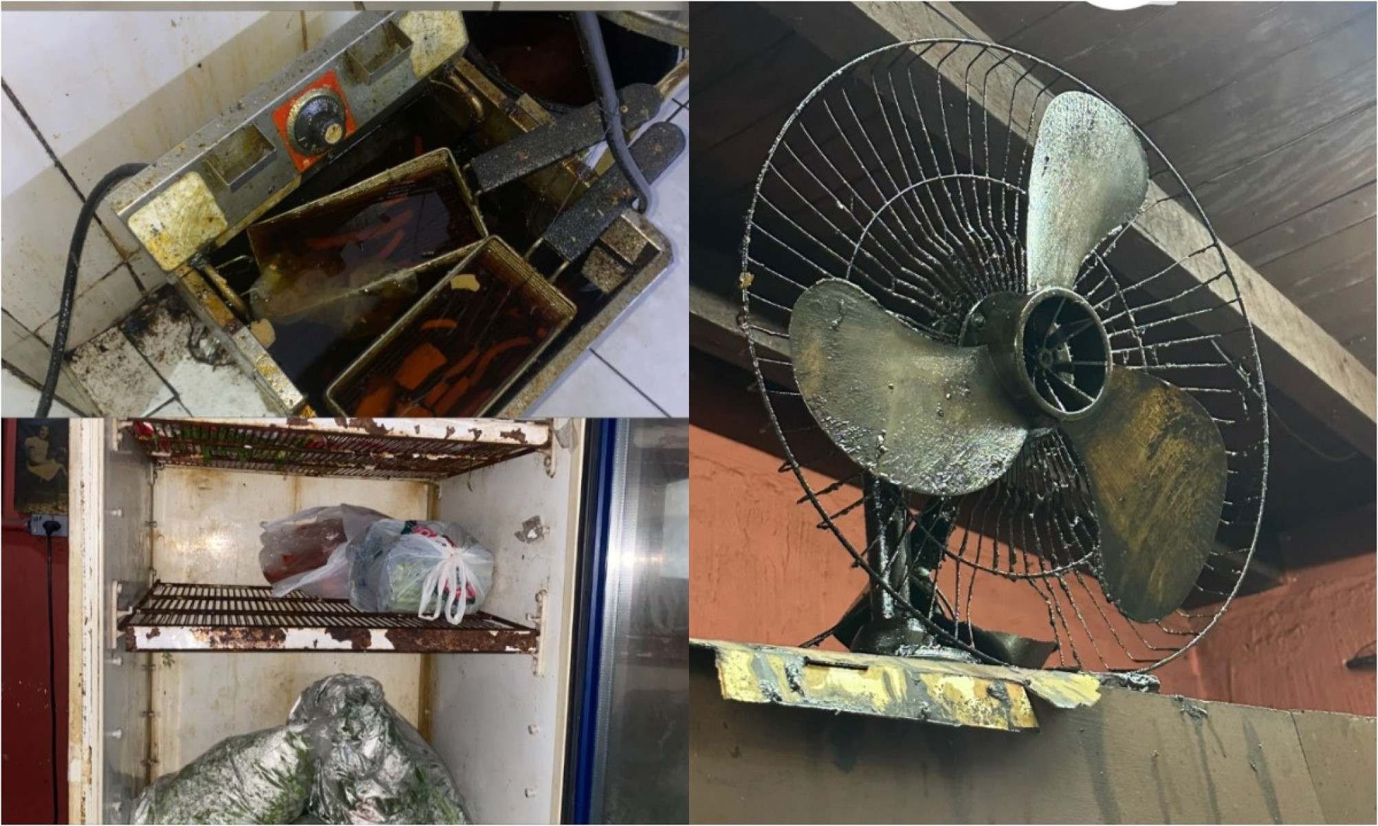 Cozinha apresenta ventiladores sujos, fritadeira engordurada e geladeira enferrujada