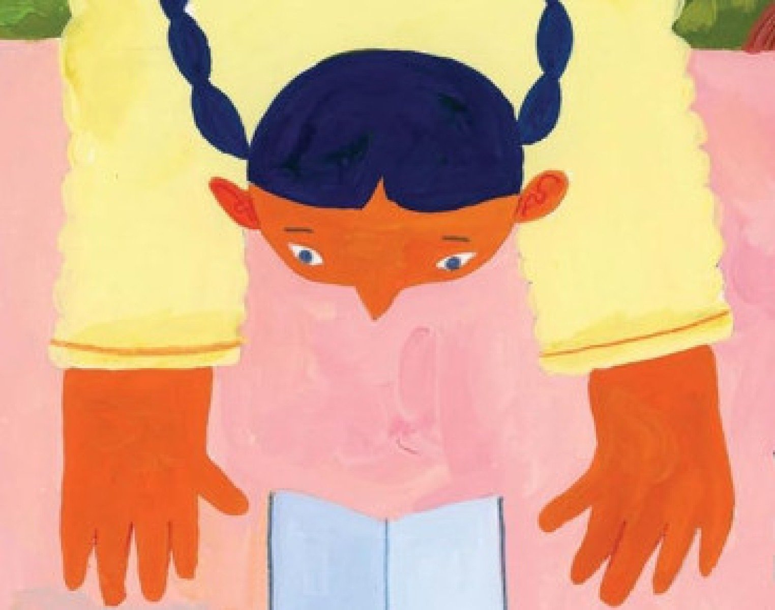 Detalhe da capa do livro Este livro nao &eacute; s&oacute; para ler sentado traz menina de bru&ccedil;os com livro aberto apoiado no ch&atilde;o