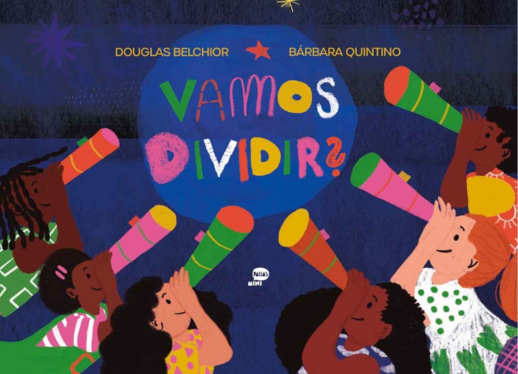 Capa do livro Vamos dividir tem ilustra&ccedil;&atilde;o de v&aacute;rias crian&ccedil;as olhando para letras usando lunetas 