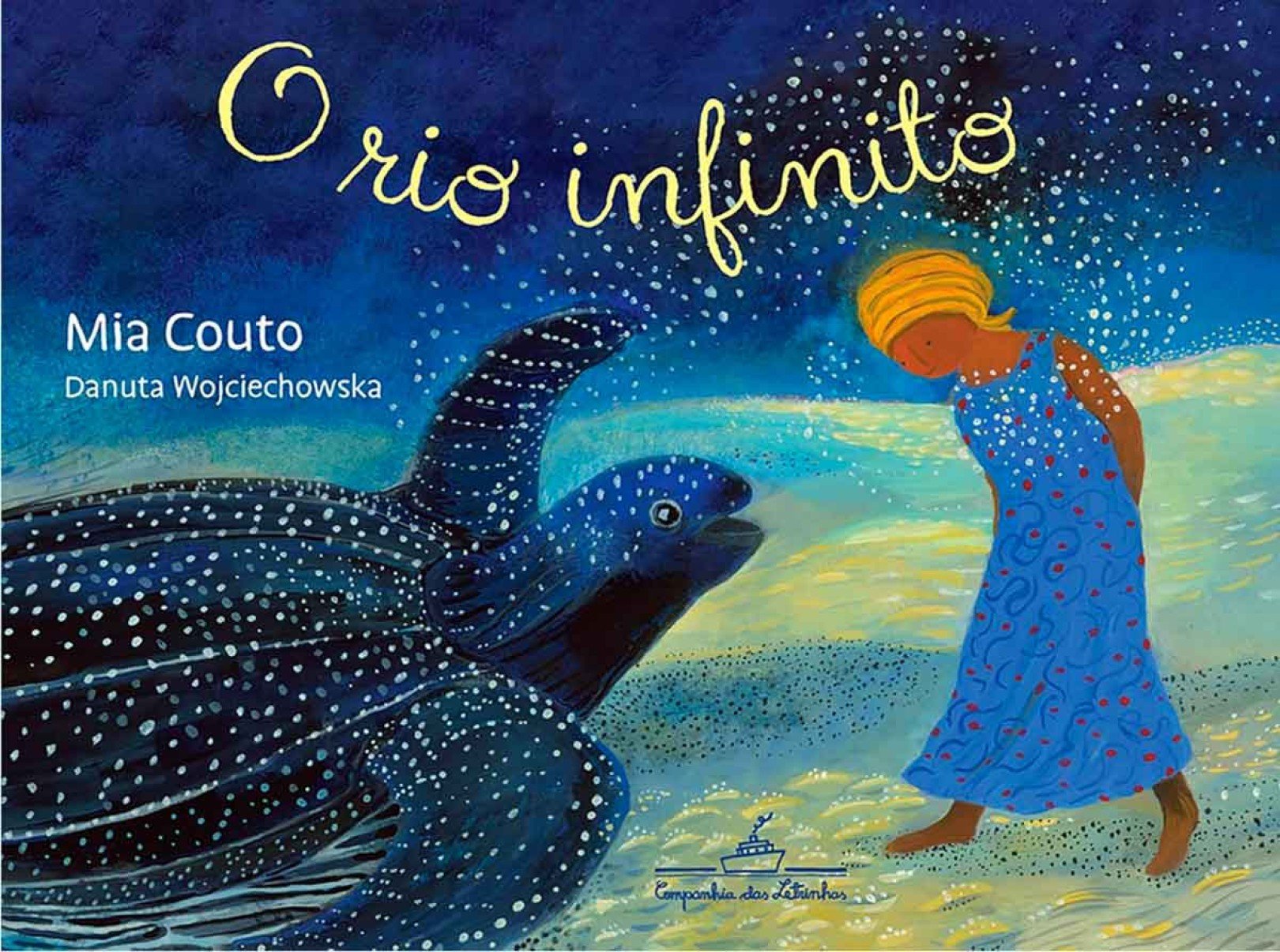 Capa do livro O rio infinito traz ilustra&ccedil;&atilde;o de mulher olhando tartaruga gigante 