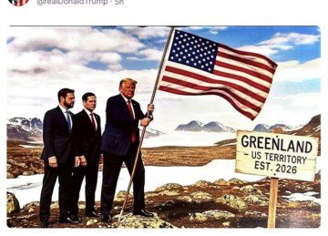 Trump em imagem produzida por inteligência artificial, ao lado do secretário Marco Rubio (Estado) e do vice, J. D. Vance -  (crédito: Reprodução de Rede Social/Donald Trump no Truth Social)