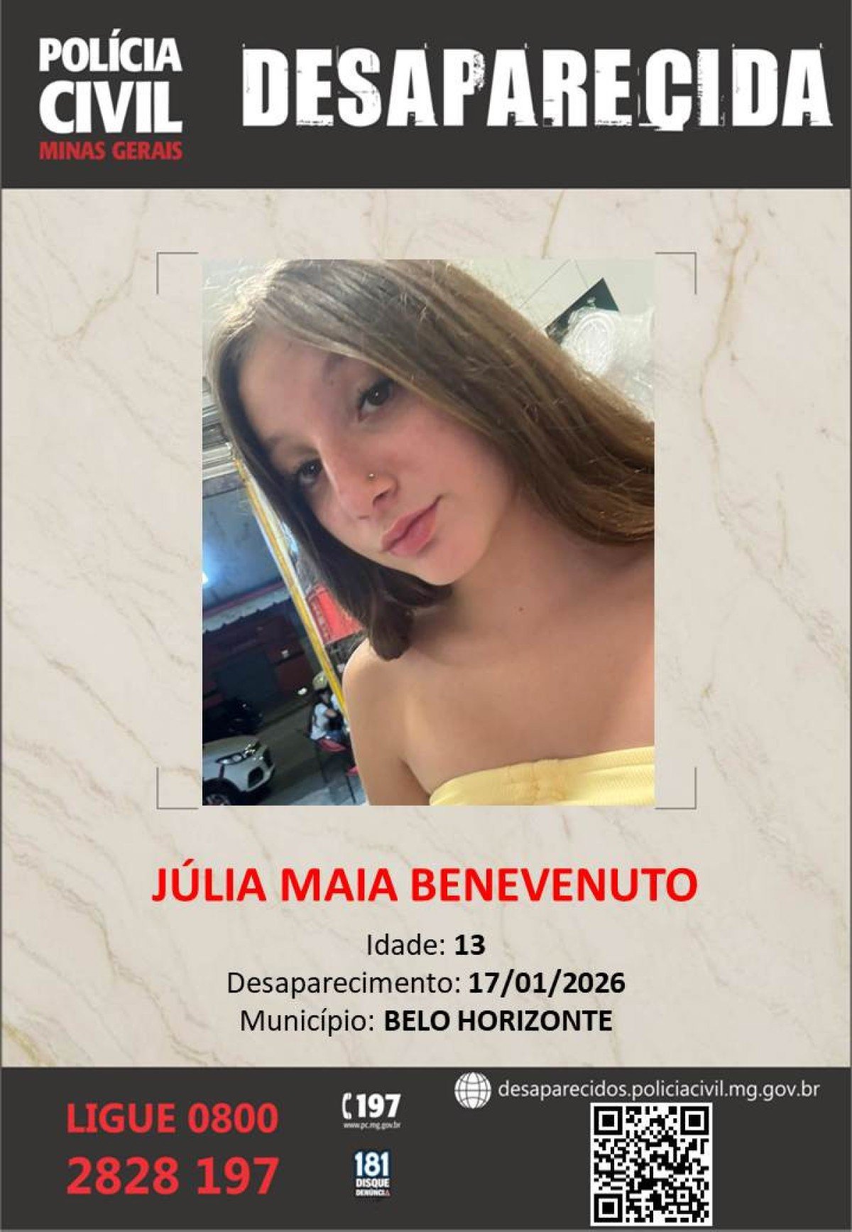 J&uacute;lia Maia Benevenuto, e 13 anos, est&aacute; desaparecida desde s&aacute;bado (17/01)