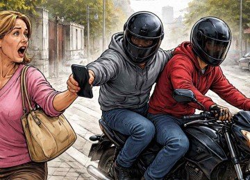 Ilustração reproduz assaltantes em motocicleta tomando celular de uma mulher -  (crédito: Imagem gerada por inteligência artificial/Acervo Estado de Minas)