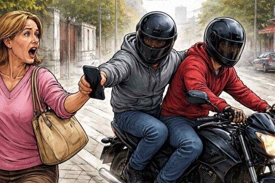 Ilustração reproduz assaltantes em motocicleta tomando celular de uma mulher -  (crédito: Imagem gerada por inteligência artificial/Acervo Estado de Minas)