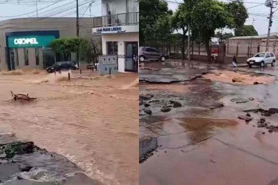 Ruas de Pompéu (MG) sofreram estragos devido a forte chuva que atingiu a cidade nessa terça-feira (20/1) -  (crédito: Reprodução/Redes sociais)