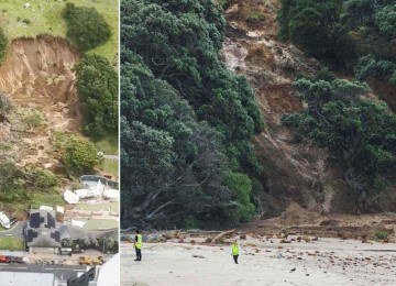 Deslizamento de terra em Mount Maunganui atingiu um acampamento no norte da Nova Zelândia, região sob chuvas fortes, em 22 de janeiro, deixando várias pessoas desaparecidas sob toneladas de lama -  (crédito: AMY TILL, SOLSEA SWIM / AFP - DJ MILLS / AFP)