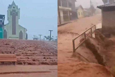 Chuva intensa atingiu Pescador (MG), no interior do estado, e causou enxurradas nessa quarta-feira (21/1) -  (crédito: Redes sociais/Reprodução)