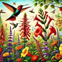 Flores que atraem os beija-flores: por que elas são as preferidas? - Imagem gerada po Inteligência Artificial através do aplicativo Microsoft Design