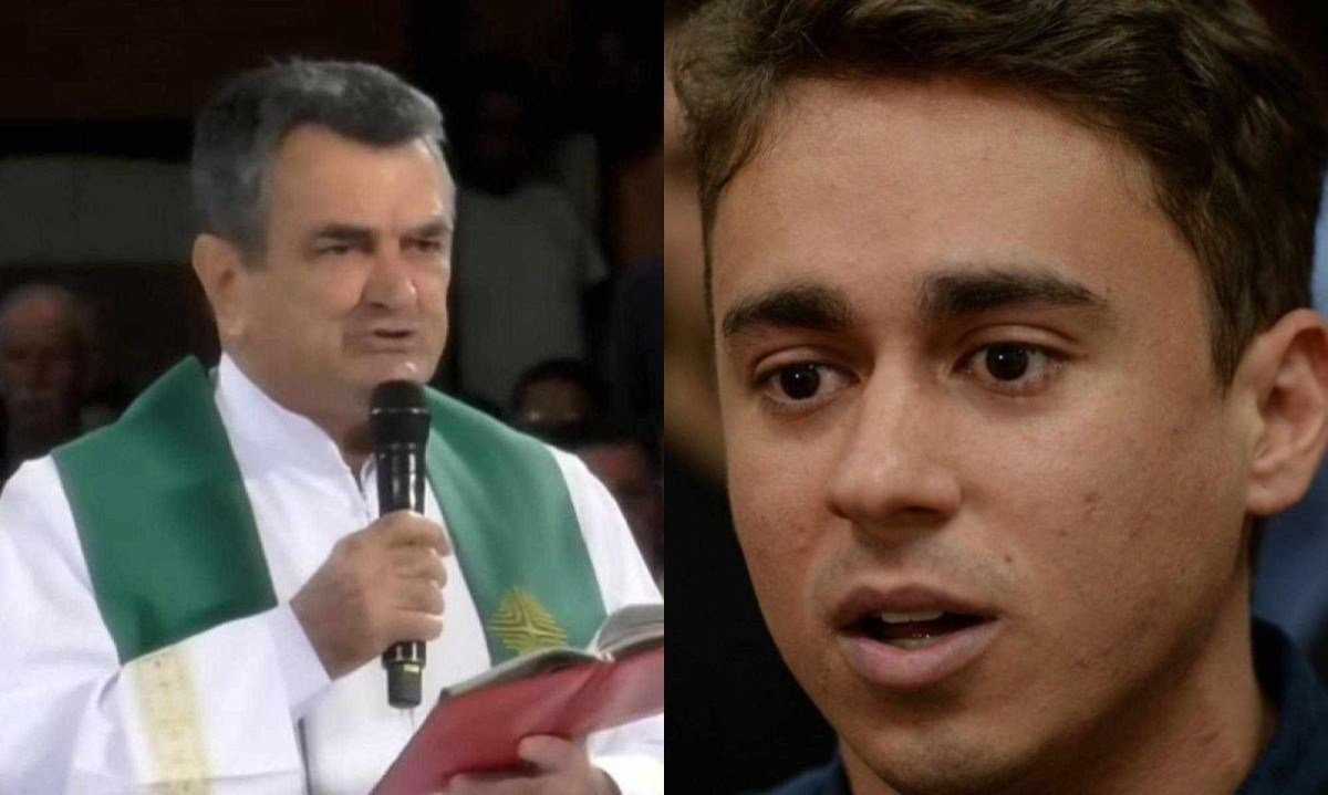 Em publicação, Nikolas insinuou que padre que criticou caminhada é um "falso profeta" -  (crédito: Reprodução/A12 e Túlio Santos/EM/D.A.Press)