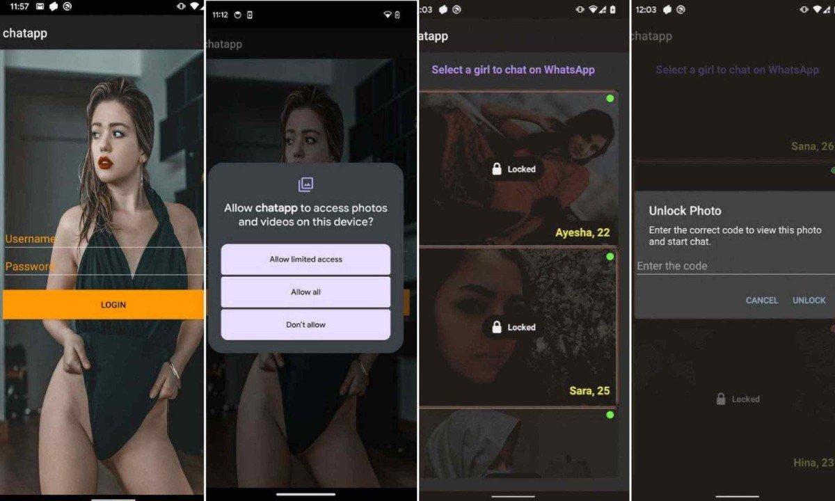 Telas do falso aplicativo de relacionamento