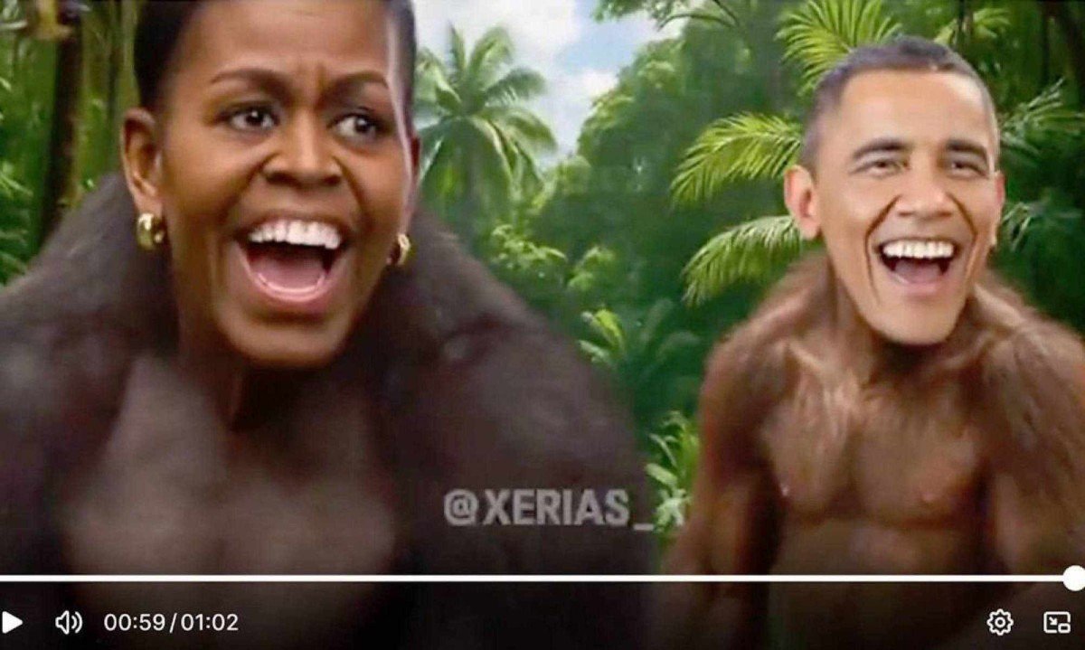 Michelle e Barack Obama retratados como macacos em vídeo postado no perfil @xerias_ e compartilhado pelo presidente dos EUA, Donald Trump -  (crédito: frame de vídeo/@xerias_)