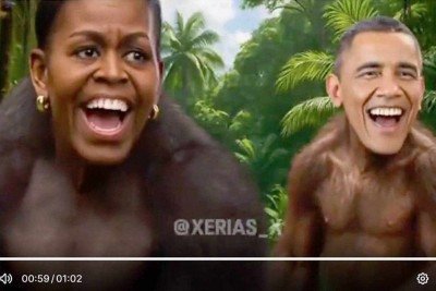 Michelle e Barack Obama retratados como macacos em vídeo postado no perfil @xerias_ e compartilhado pelo presidente dos EUA, Donald Trump -  (crédito: frame de vídeo/@xerias_)