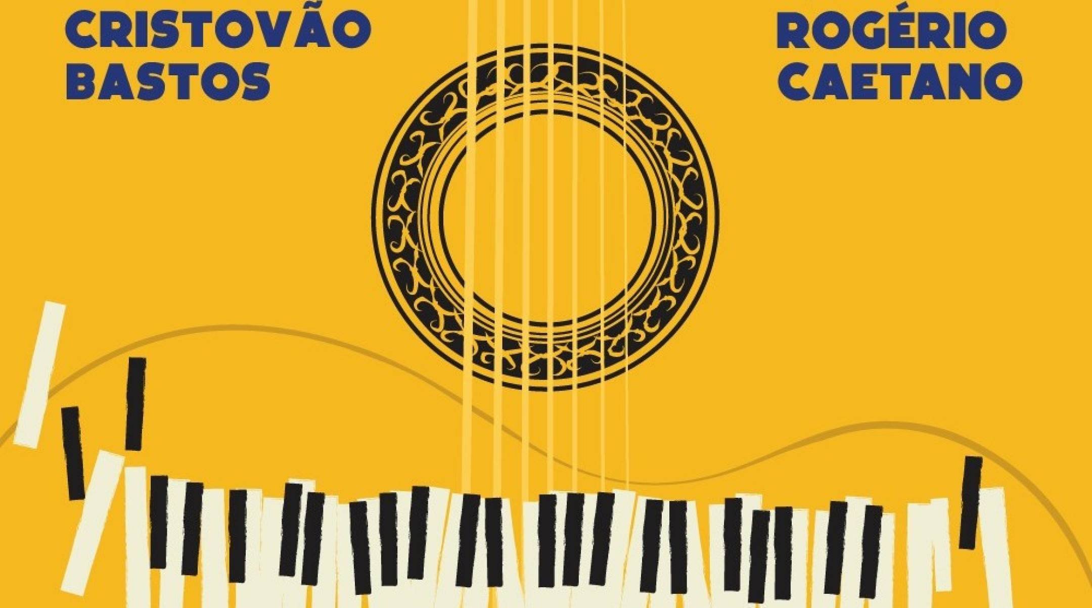 Capa do disco de Cristov&atilde;o Bastos e Rog&eacute;rio Caetano tem fundo amarelo-ouro sobre o qual est&atilde;o desenhadas cordas de viol&atilde;o e teclas de piano