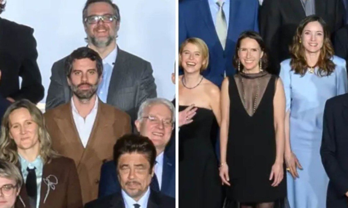 Adolpho Veloso (ao centro, de marrom) e Emilie Lesclaux (de azul &agrave; direita) na foto oficial dos indicados ao Oscar 2026
