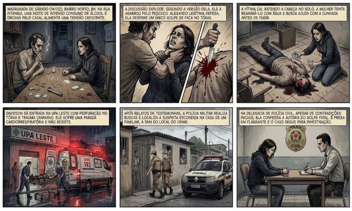Em quadrinhos, a hist&oacute;ria da mulher que matou o namorado com uma facada e depois foi a uma UPA saber do estado de sa&uacute;de dele