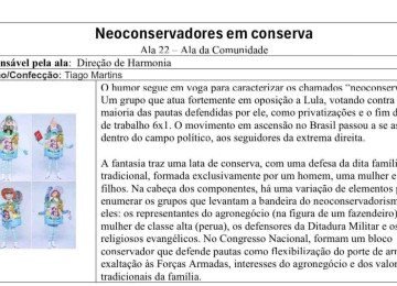 Trecho do suposto livro Abre-Alas, que descreve a ala "Neoconservadores em conserva", no desfile da Acad&ecirc;micos de Niter&oacute;i em homenagem a Lula -  (crédito: DCM/Reprodu&ccedil;&atilde;o)