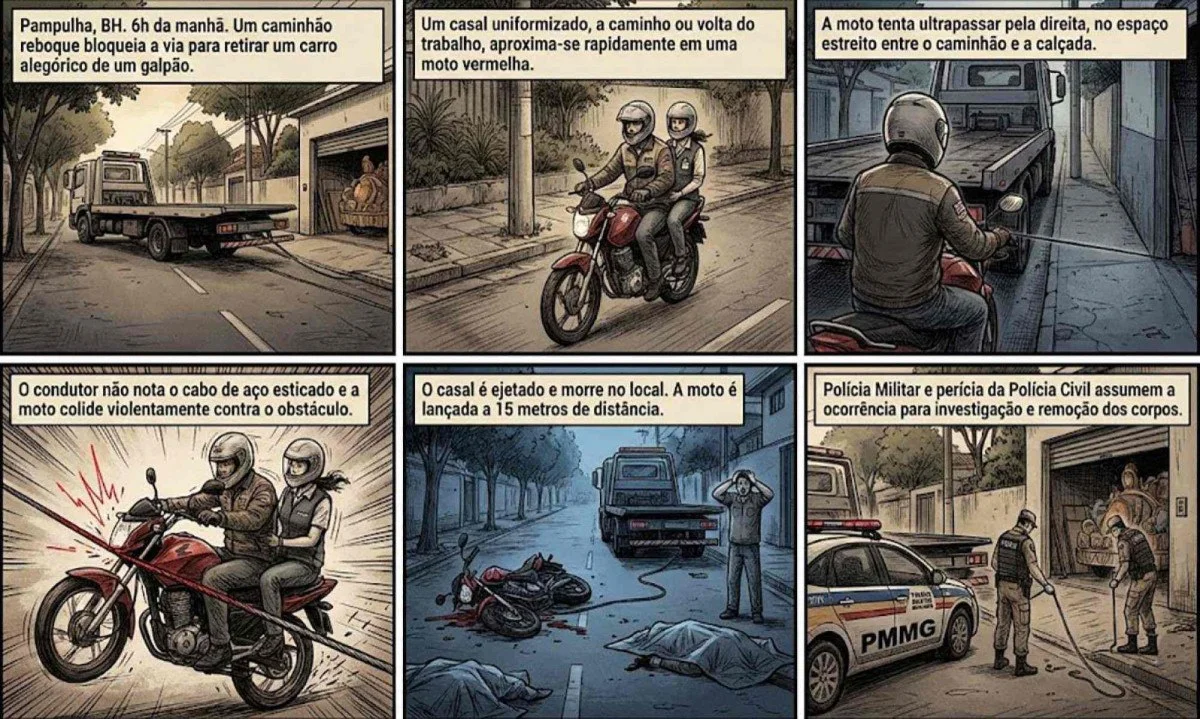 Reconstitui&ccedil;&atilde;o da ultrapassagem que custou a vida do casal de moto ao colidir em cabo de a&ccedil;o que rebocava carro aleg&oacute;rico em BH