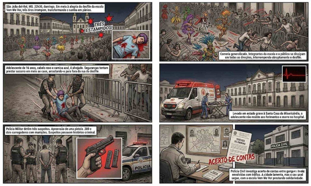 Reconstitui&ccedil;&atilde;o do assassinato de um adolescente em meio ao desfile de escolas de samba em S&atilde;o Jo&atilde;o del-Rei