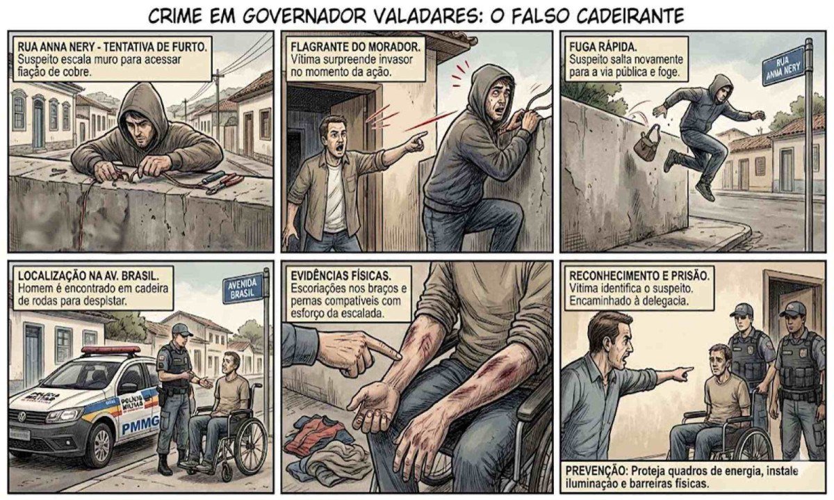 Reconstitui&ccedil;&atilde;o da tentativa de furto por suspeito de usar cadeira de rodas para pular muros em Governador Valadares
