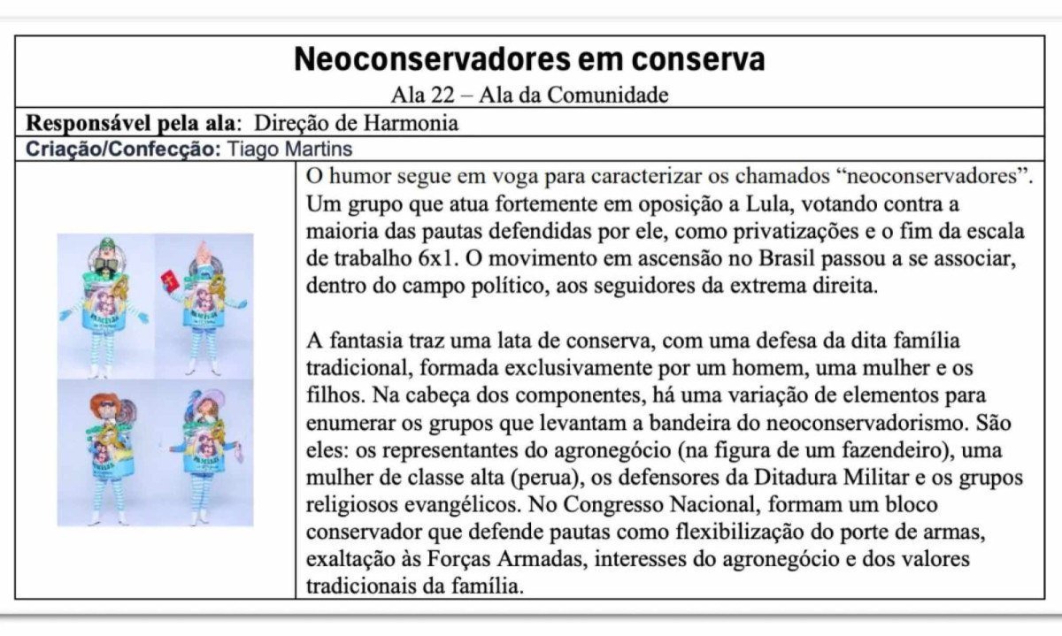 Descri&ccedil;&atilde;o da ala "Neoconservadores em conserva" pela Academicos de Niteroi