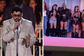 Bad Bunny e a casita, palco secundário do show -  (crédito: AFP / redes sociais)