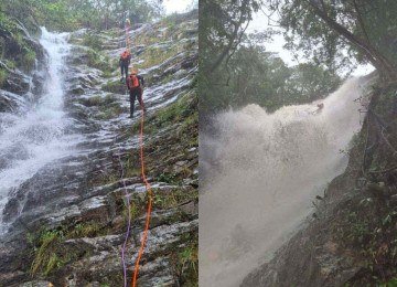 Aumento repentino do volume de água em cachoeira na Serra do Cipó, em Santana do Riacho (MG), resultou na morte de um belo-horizontino -  (crédito: CBMMG/Divulgação)