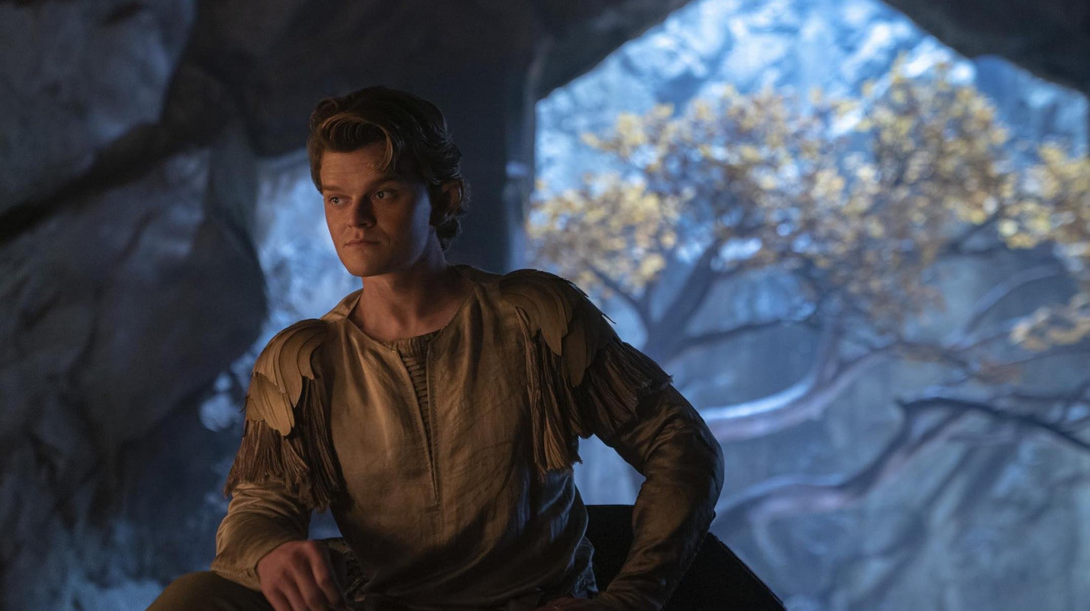 Ator Robert Aramayo veste figurino dourado e olha para o lado em cena da s&eacute;rie Os an&eacute;is do poder