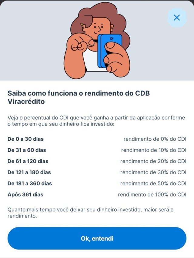 Simula&ccedil;&atilde;o de rendimento da aplica&ccedil;&atilde;o CDB do Neon Viracr&eacute;dito. #contacomrendimentoautom&aacute;tico