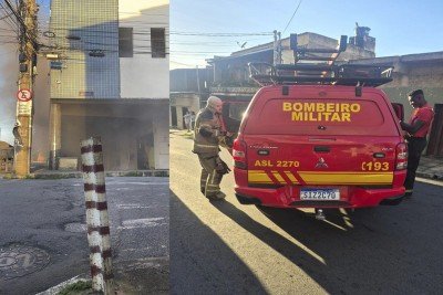 Brigadista soube acionar e manusear o sistema de hidrantes para conter o fogo na padaria antes que atingisse resid&ecirc;ncias. Bombeiros chegaram para controlar situa&ccedil;&atilde;o -  (crédito: CBMMG/Montagem)