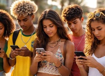 Jovens com olhar fixo no celular: um fantasma ronda o ser humano: a diminuição do vocabulário
 -  (crédito: imagem gerada por inteligência artificial/acervo Estado de Minas)