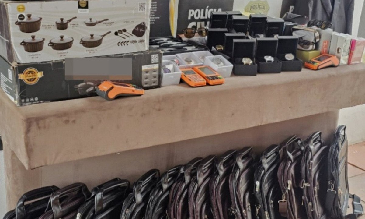 Entre os produtos apreendidos, estão ternos, ipeças de vestuário, óculos, perfumes, malas, mochilas, panelas e faqueiros de marcas renomadas - (crédito: PCMG/Divulgação)