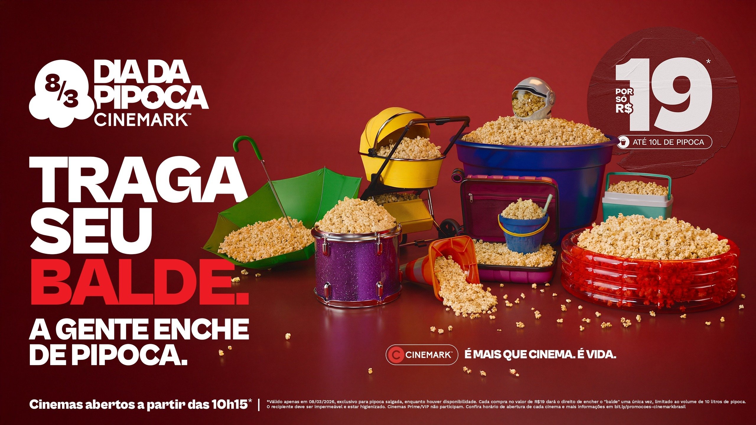 Cinemark divulga a promo&ccedil;&atilde;o 'Dia da Pipoca', convidando o p&uacute;blico a usar a criatividade para encher baldes e recipientes inusitados. -  (crédito: Cinemark / divulga&ccedil;&atilde;o)