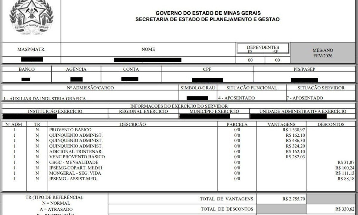Contracheque de servidora, enviado ao Estado de Minas, mostra pagamento de abono perman&ecirc;ncia por permanecer na ativa mesmo j&aacute; podendo se aposentar. Sem o benef&iacute;cio, o vencimento b&aacute;sico &eacute; de R$ 1.338,97, cerca de 20% abaixo do sal&aacute;rio m&iacute;nimo.