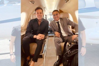 Nikolas Ferreira com André Valadão dentro do jato de Daniel Vorcaro em 2022 -  (crédito: Redes Sociais/Reprodução)