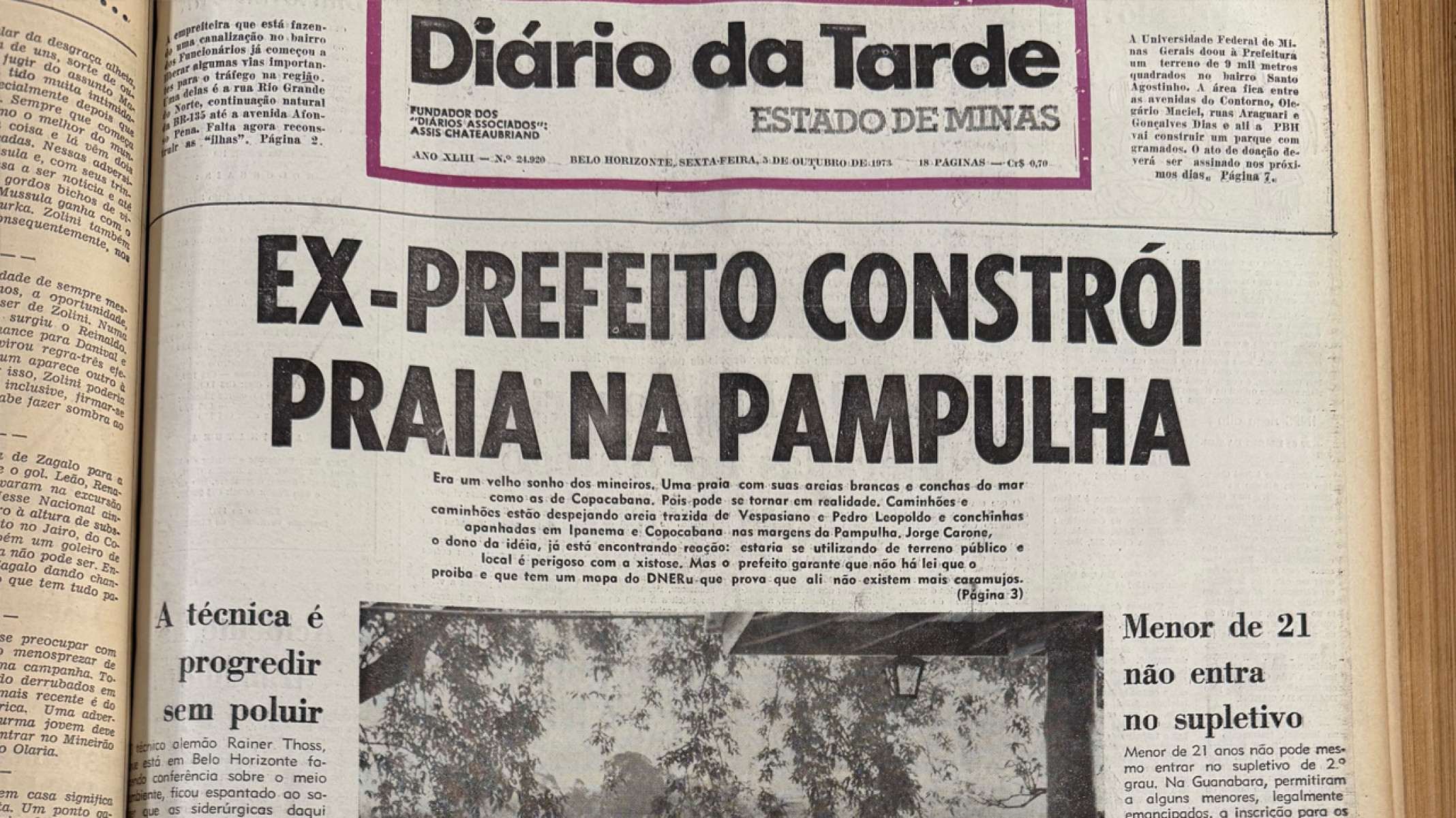 Reportagem do Diário da Tarde, publicada em outubro de 1973, denunciou a construção da praia improvisada na Pampulha-Arquivo EM