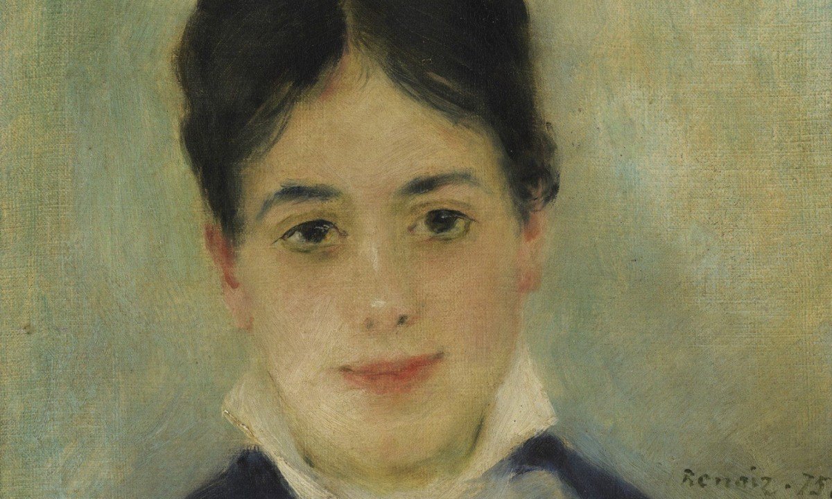 Mulher de cabelos pretos presos sorri e usa blusa branca de colarinho alto em quadro pintado por Renoir em 1875