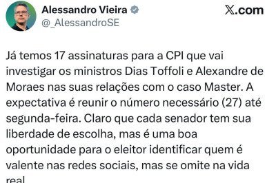 O senador Alessandro Vieira publicou, nessa sexta-feira (6/3), que apresentou o requerimento de CPI  -  (crédito: Reprodu&ccedil;&atilde;o redes sociais)