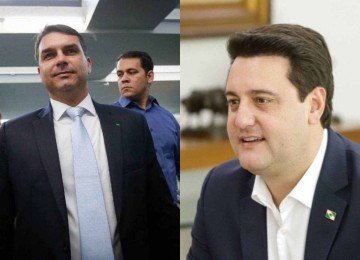 Senador Flávio Bolsonaro (PL-RJ) e o governador do Paraná Ratinho Jr.(PSD) participam da pré-corrida presidencial -  (crédito: Dida Sampaio/Estadão Conteúdo e Platobr Política)