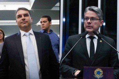 O senador Flávio Bolsonaro (PL-RJ) assinou requerimento da CPI, mas considerou o autor, o senador Alessandro Vieira (MDB-SE), 'um grande hipócrita' -  (crédito: Dida Sampaio/Estadão Conteúdo e Jefferson Rudy/Agência Senado)