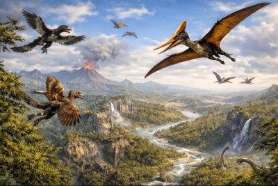 <p>Na pré história existiam diversos animais voadores. Durante os períodos Jurássico e Cretáceo surgiram dinossauros que evoluíram para aves e também répteis voadores que não tinham relação direta com as aves modernas, formando diferentes grupos de criaturas aladas.</p>
 - 