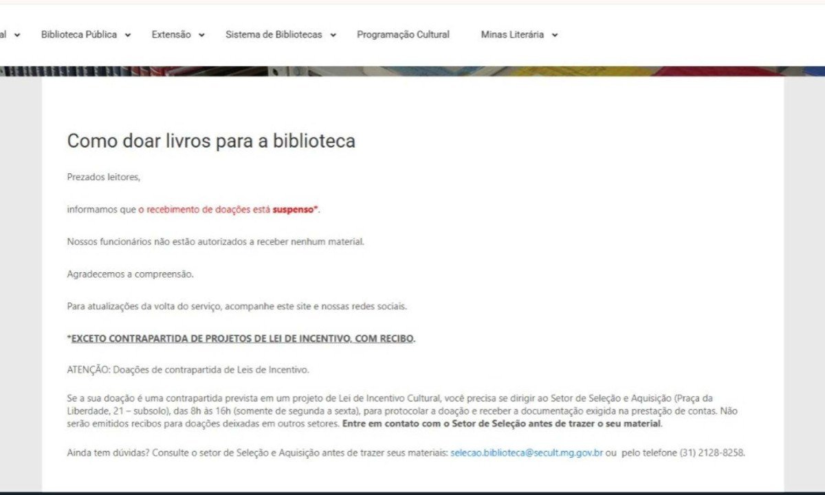 Aba de doa&ccedil;&otilde;es do site da Biblioteca P&uacute;blica Estadual, informando a suspens&atilde;o