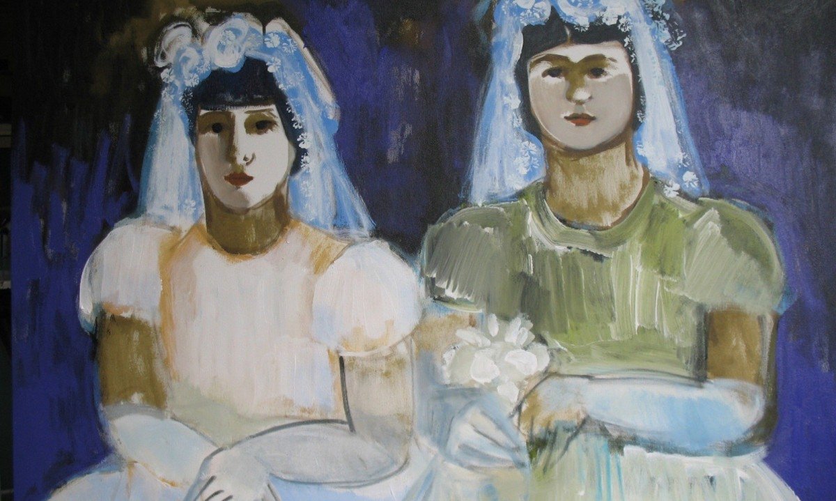 Pintura de Selma Weissmann mostra duas mulheres, lado a lado, vestidas de noiva