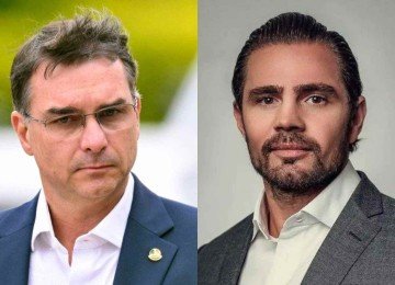 Fl&aacute;vio Bolsonaro e Daniel Vorcaro trocaram mensagens sobre doa&ccedil;&atilde;o milion&aacute;ria a filme sobre Jair Bolsonaro -  (crédito: Evaristo Sa / AFP e Reprodu&ccedil;&atilde;o)