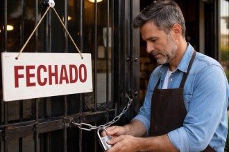 Empresário passa cadeado em porta de loja que encerrou atividades; no Brasil, empresa sobreviver por pelo menos 5 anos exige esforço tremendo -  (crédito: imagem gerada por IA/acervo Estado de Minas)