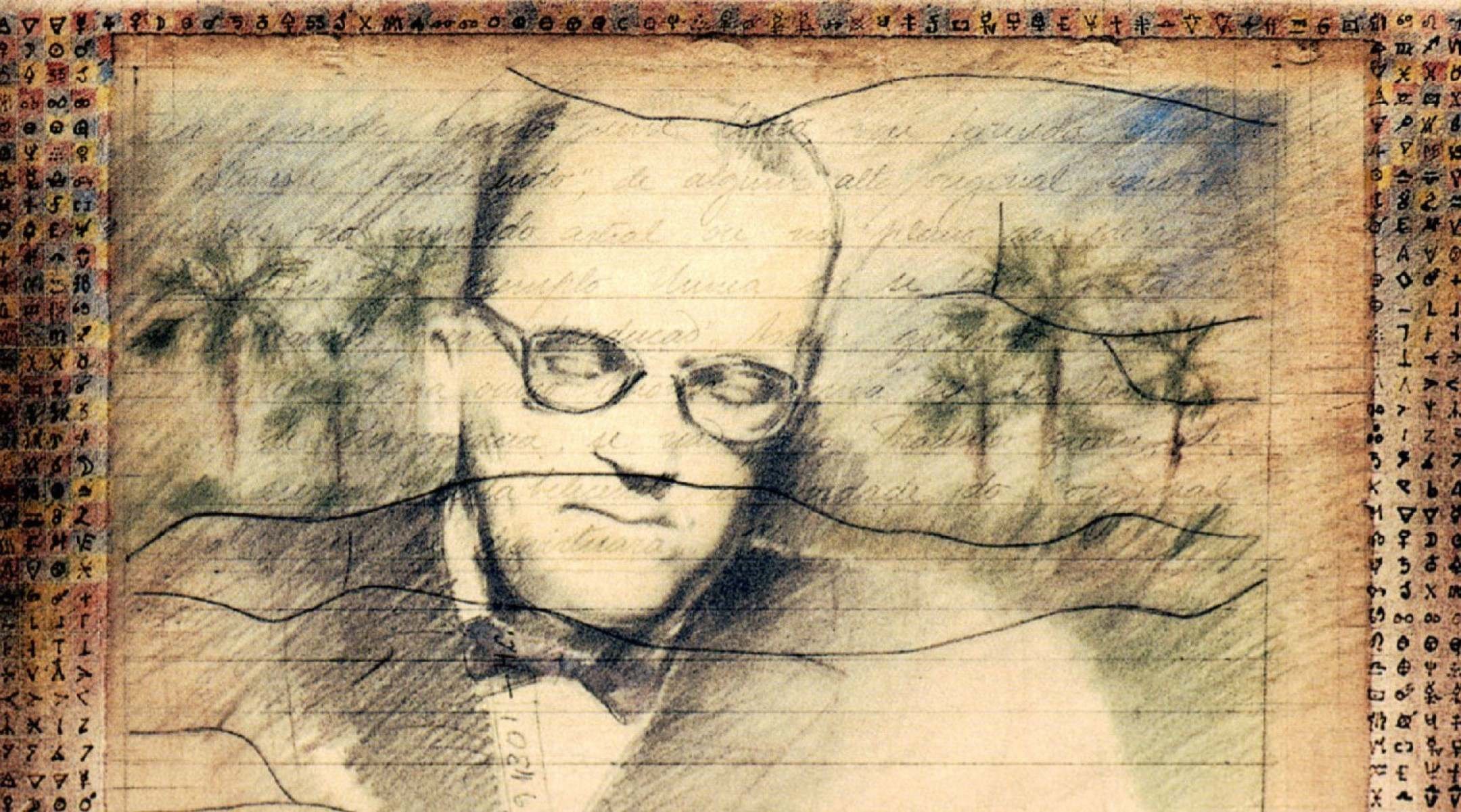 Detalhe de retrato de Guimar&atilde;es Rosa, com o rosto do escritor, feito pelo artista pl&aacute;stico Arlindo Daibert