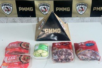 Idosa escondeu dois pacotes de coraçãozinho, dois de carne moída e uma bandeja de jiló por baixo da roupa -  (crédito: PMMG/ Divulgação)