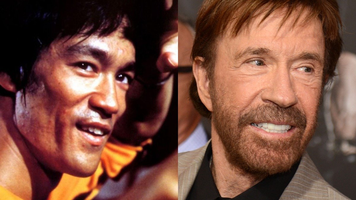 Bruce Lee e Chuck Norris, &iacute;cones das artes marciais e astros de "O Voo do Drag&atilde;o" -  (crédito: Golden Harvest Company /Divulgacao e Robyn BECK / AFP)